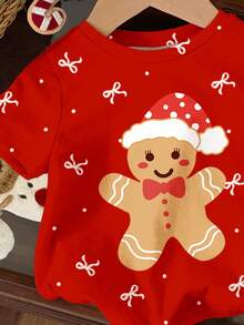 SHEIN 小女孩圣诞快乐，红色圣诞庆典，可爱姜饼人，圣诞帽，迷你蝴蝶结印花，休闲简约圆领短袖T恤，适合圣诞派对、红色新年、居家、拍照、假日、圣诞氛围、圣诞礼物、轻松舒适、时尚宝贝、休闲装、圣诞图案、新年、新风格、返校节、时尚圣诞 - 彩色 - 查看 5