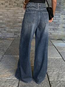 DAZY 女式常规腰部水钻装饰宽松阔腿牛仔裤，休闲街头风格 - 中等水洗藍 - 查看 5