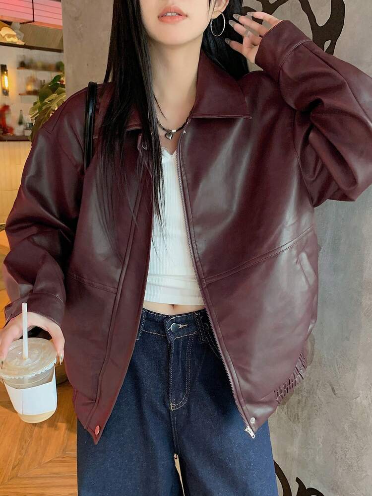 Women's Solid Color PU Street Casual Long Sleeve Jacket Leather Jacket