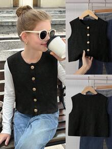 SHEIN Serisse Kids 青少年女孩纯黑色休闲短款针织背心杏色针织开衫金属纽扣式针织背心夹克 - 黑色 - 查看 1