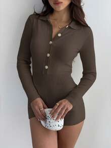 SHEIN Unity Women's Casual Solid Color Knit Romper - Brown - View 5