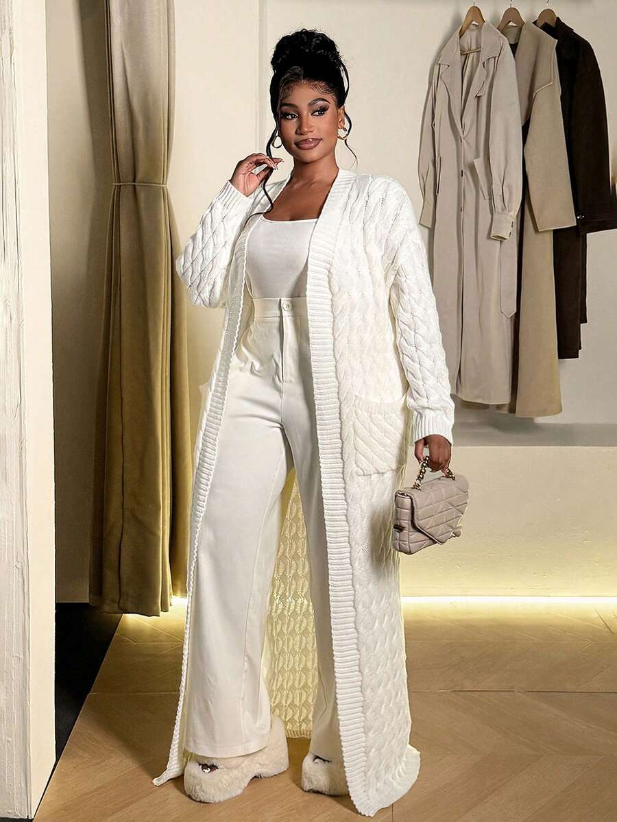 Maweii Áo len cardigan dài thiết kế túi màu trơn cỡ lớn cho nữ - Màu be - Xem 1