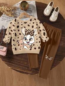 SHEIN 2pcs/Set Cute Sweet Young Girls Rabbit & Leopard Print Knit Soft Crew Neck Long Sleeve Sweatshirt And Leopard Print Leggings Set, Suitable For Autumn/Winter, Comfortable And Layerable, Fashionable Casual Wear, Graphic Design, Back To School, Outdoor Picnic, Street Photography, Campus, Holidays, Gift - Multicolor - View 2