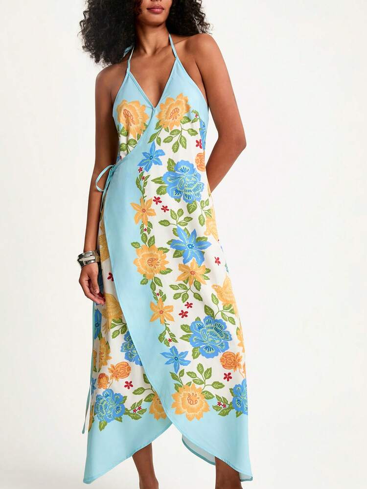 CAJUNI Robe de vacances à imprimé floral avec dos nu et ceinture à nouer pour femmes - Bleu azur - Voir 4