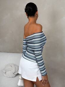 Glamine Women's Asymmetric Neck Ruched Fitted Striped Top, Ladies' 3/4 Sleeve Top - Blue - View 2