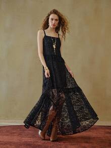 MOTF STUDIO DOS PIEZAS VESTIDO CAMISERO SÓLIDO Y VESTIDO CAMISERO SUELTO CON VOLANTES DE ENCAJE, TEXTURA DE LENTEJUELAS Y BORDADO, ELEGANTE Y MODERNO - Negro - Ver 6
