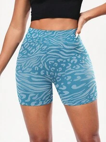 Seamluxe SHEIN Sport Leopard Muster Seamless Tight Workout Shorts mit hoher Taille, Sommer