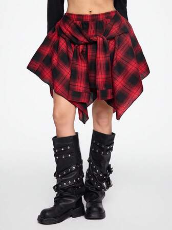 Grunge Punk Grunge Vintage Plaid Lace-Up Asymmetrical Layered Plus Size Skirt