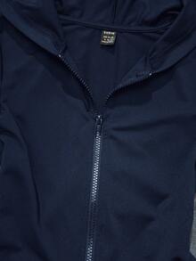 SHEIN EZwear Vintage Pattern Navy Blue Women's Solid Color Fitted Hoodie T-Shirt, Autumn