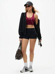 Eassivo Eassivo 女士字母印花交叉后背日常健身运动文胸 - 酒紅色 - 查看 6