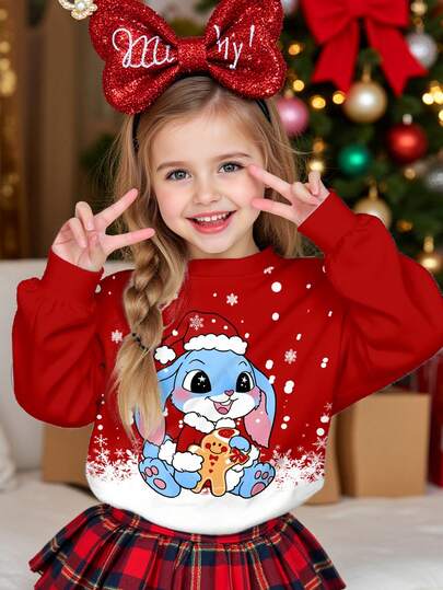 SHEIN Lễ Giáng sinh, Đỏ Burgundy, Mũ ông già Noel hoạt hình, Họa tiết hình người bánh gừng, Họa tiết bông tuyết ombre, Áo nỉ dài tay cổ tròn rộng rãi, thoải mái, tối giản, dành cho bé gái, Thích hợp cho tiệc Giáng sinh, tiệc năm mới, phong cách đường phố, gia đình, ngày lễ