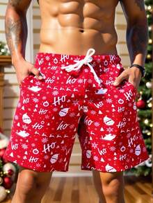 Manfinity Swimmode Men's Christmas Print Drawstring Waist Beach Shorts