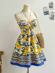 Soleia 蓝白花卉印花抽绳领镂空腰部浪漫休闲度假连衣裙 - 彩色 - 查看 6