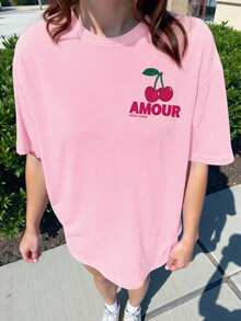 DrmWander 大码宽松时尚印花休闲百搭简约女式短袖T恤 - 粉色 - 查看 2