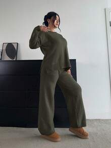 Vibekara Conjunto de pantalones de pierna ancha y manga larga de punto suave y favorecedor, versátil y casual - Verde militar - Ver 5