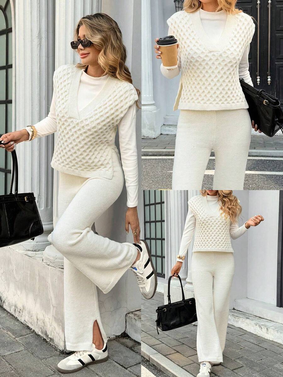 Chiquease 2 Stücke Damen elegantes V-Ausschnitt einfarbiges gestricktes Sweater-Top und Hosen Set - Aprikosenfarben - Übersicht 1