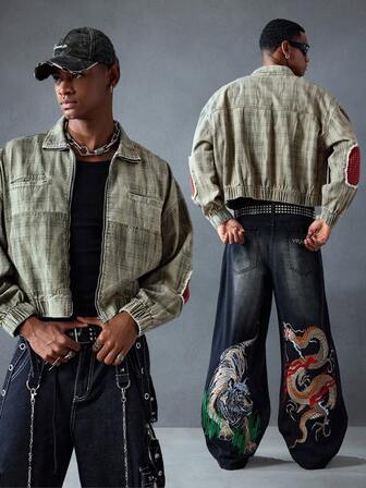 Street Life Lässige, weite Herren Denim Jacke mit Reißverschluss und Langarm im Streetstyle