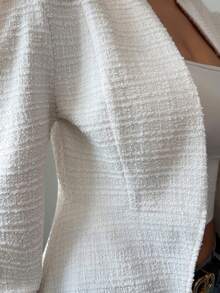 SHEIN Elenzya 女式白色条纹格子纹理针织面料立领长袖优雅套头衫，适合感恩节、万圣节、街头风格、秋冬 - 白色 - 查看 7