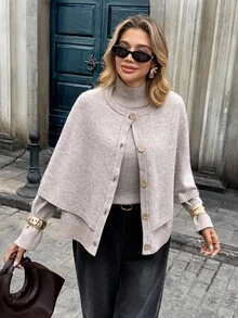Chiquease Bộ 2 áo khoác cardigan dệt kim màu trơn và áo len tay dài tay raglan cho nữ, mùa thu/đông - Màu Khaki - Xem 4