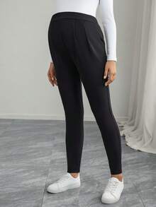Momance Solid Color Long Pocket Pleated Skinny Casual Comfortable Maternity Leggings - Black - View 5