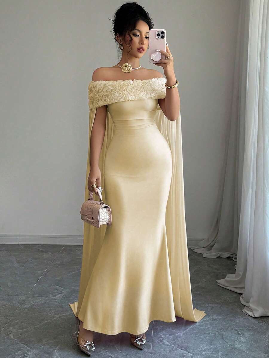 Rafferiza 女士优雅浪漫粉色露肩玫瑰花披肩紧身连衣裙 - 杏色 - 查看 1