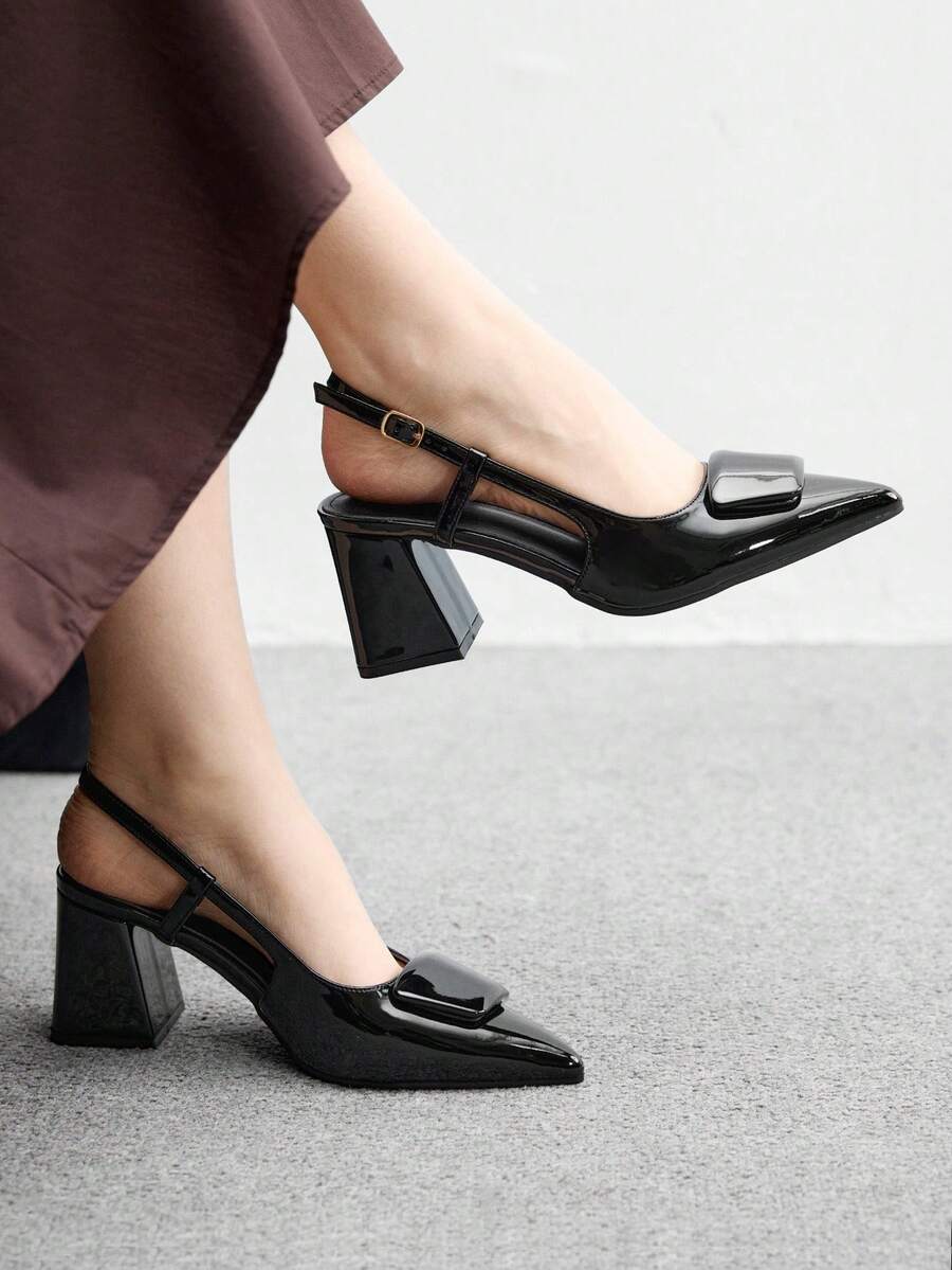 CUCCOO BIZCHIC 女士尖头粗高跟鞋百搭简约百搭通勤工作浅口鞋,黑色露背高跟鞋 - 黑色 - 查看 1