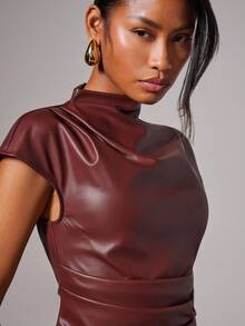 COSMINA Women's Elegant Commuter PU Pleated Mini Dress Burgundy