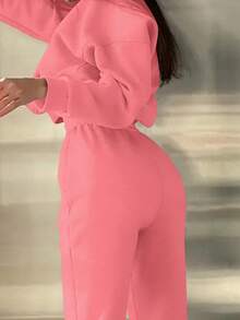 VaVaBold Conjunto de sudadera y pantalones de felpa cómodo y versátil con estampado digital minimalista de París para mujer - Rosa coral - Ver 5