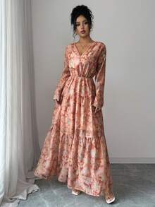 Rafferiza Elegant långklänning med V-ringning och blommönster för kvinnor (asymmetriskt tryck) - Multifärgad - Visa 4