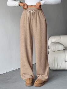 SHEIN Tall 女款休閒抽繩腰寬鬆卡其色運動長褲，冬季居家寬腿工裝褲，優雅米色秋季校園通勤長褲，適合高個女性 - 米色 - 查看 9