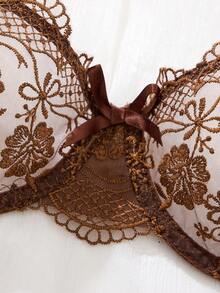 SHEIN 2件套女士勃艮第浪漫刺绣系带丁字裤内衣套装 - 咖啡棕 - 查看 6