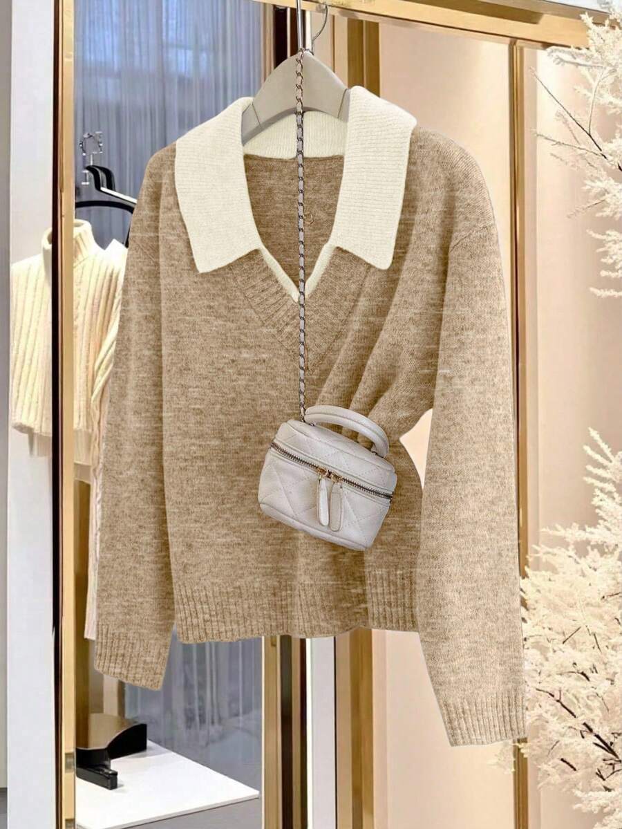 Franclia V-Neck 2 In 1 Long Sleeve Sweater, Autumn/Winter - Camel - View 1