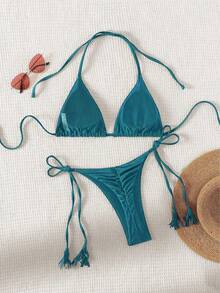 SHEIN Swim Solid Color V-Neck Halter Strap Bikini Set, String Bikini Swimwear Bathing Suit Beach Outfit Summer Vacation,Summer Beach