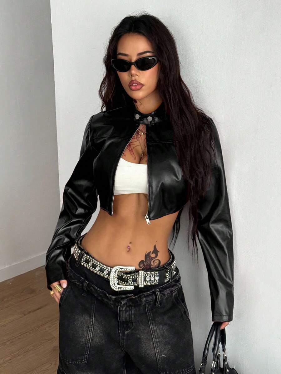 Coolane 女士秋冬街头风嬉皮运动休闲Y2K基础款皮革舒适拉链黑色修身短款长袖外套，秋季，女士秋季 - 黑色 - 查看 1