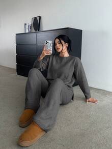 POPSWAY 柔软舒适修身阔腿裤和长袖针织套装，百搭休闲装