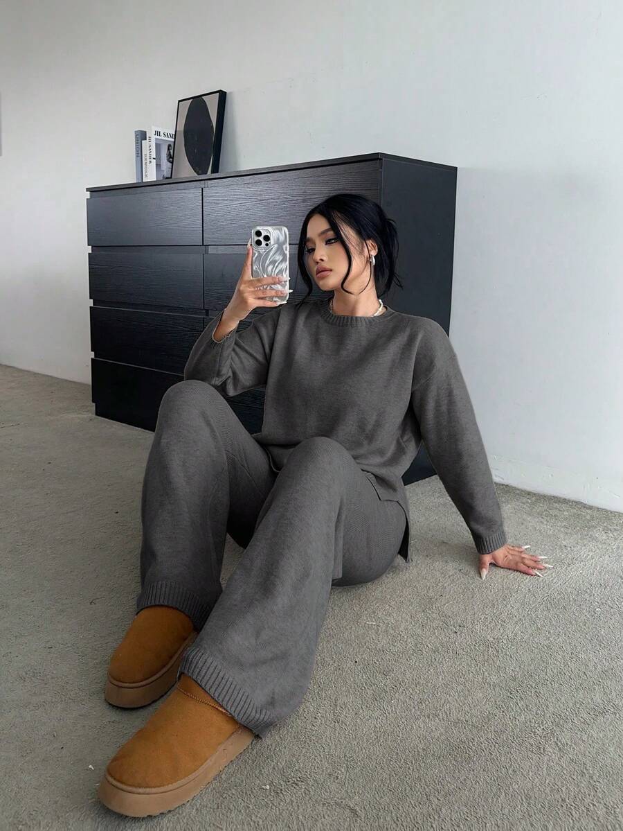 POPSWAY 柔软舒适修身阔腿裤和长袖针织套装，百搭休闲装