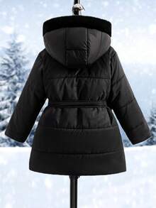 Elladie kids 年轻女孩绗缝中长款连帽棉衣，收腰带口袋，适合休闲、户外、秋冬 - 黑色 - 查看 2