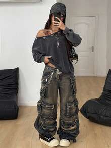 Coolane 女士秋冬街头服饰 外出 垃圾摇滚 哥特 Y2K 水洗 索环 孔眼 复古 宽松 运动衫 - 黑色 - 查看 6