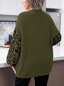 SHEIN LUNE Plus Size Women Casual Leopard Print Dropped Shoulder Loose Lantern Sleeve Sweater, Suitable For Daily Commute, Autumn/Winter - Green - View 2