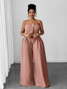 Maweii 大码女式优雅别致纯色金属纽扣褶皱宽松阔腿连体裤，夏季 - 藕粉色 - 查看 6