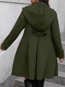 SHEIN Clasi 大码女式纯色双排扣长袖口袋优雅羊毛大衣，秋冬 - 橄欖綠 - 查看 2