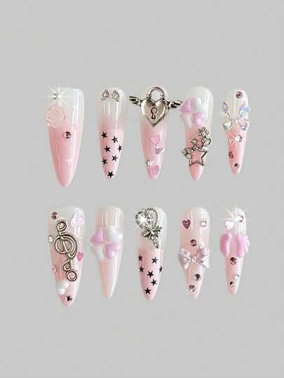 Anime 10 pièces Faux ongles de haute qualité faits main avec nœud papillon mignon, note de musique et étoile + 3 pièces adhésif double face, stickers d'art pour ongles amovibles style français Y2K avec chaîne de strass et pois, convient pour les vacances, les fêtes, la danse et le port quotidien