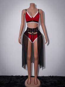 3pcs Women's Sexy Lace Patchwork Contrast Color Lingerie Set, Dark Christmas Elements