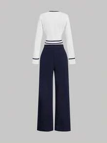 Serisse Kids Conjunto de 2 piezas de top de manga larga con cuello redondo y pantalones rectos informales para niñas preadolescentes con bloques de color, adecuado para citas, fiestas, vuelta al colegio, otoño/invierno