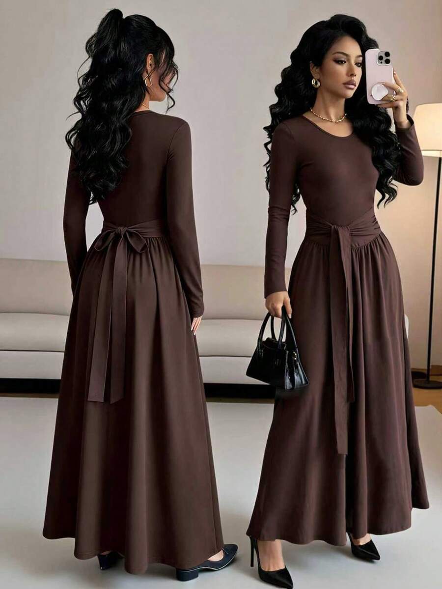 SHEIN Elenzya 女式休闲纯色松紧腰系带长袖 A 字连衣裙，秋季 - 棕色 - 查看 1