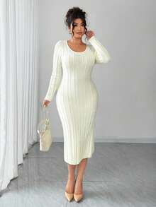 Dazy Plus Elegant Long Sleeve Beaded Decor Fitted Maxi Sweater Dress, Plus Size, Suitable For Formal Events In Autumn/Winter