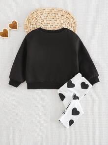 Cozy Pixies 2pcs Baby Girl Floral Print Knit Soft Crew Neck Long Sleeve Sweatshirt And Pants Set Baby Set Autumn Winter Season Baby Sweat Outfits Girl Puffed Sleeve Baby Outfit Baby Girl Heart Outfit Baby Casual Sets - Black and White - View 2