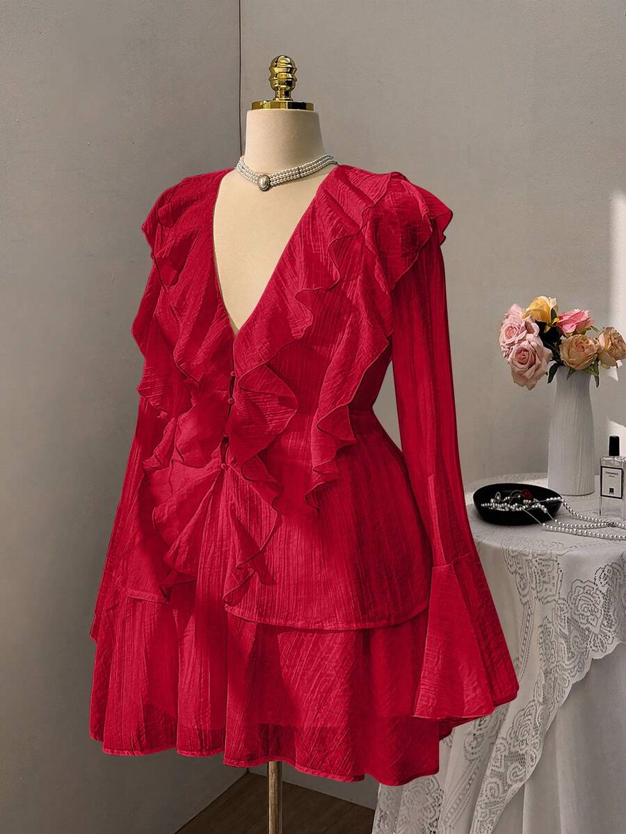 Sweetra Plus Size Ruffle Flare Sleeve Elegant Fashion Two Pieces Set - Red - View 1