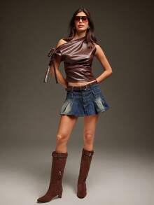 SHUZIA Women Casual Comfortable Point Toe Kitten Heel Faux Suede Knee-High Boots - Coffee Brown - View 5