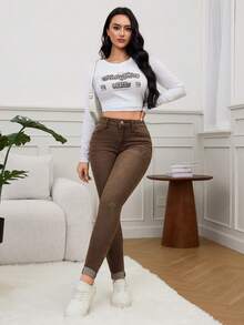 SHEIN EZwear 春季高腰破洞紧身牛仔裤 - 咖啡棕 - 查看 5